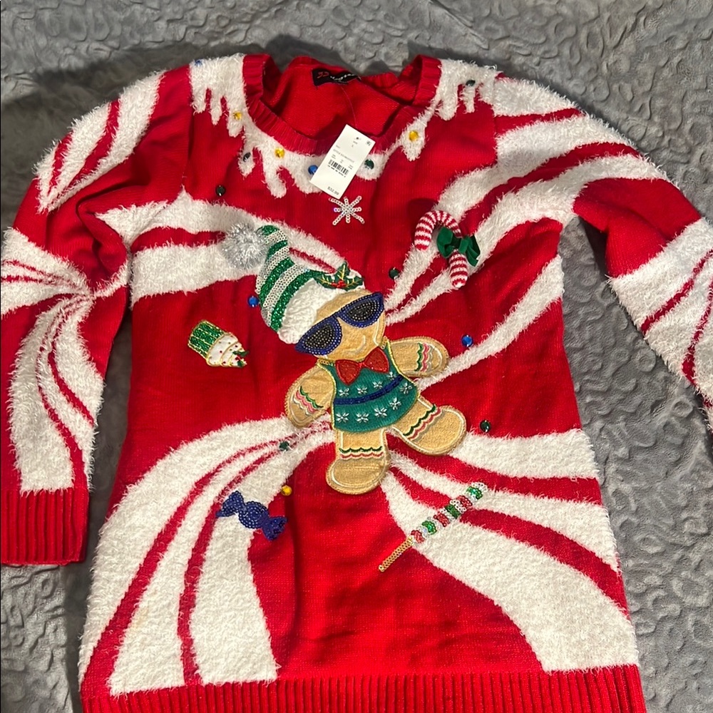 Ugly Sweater gingerbread and candy cane Festive Red and White  size Large